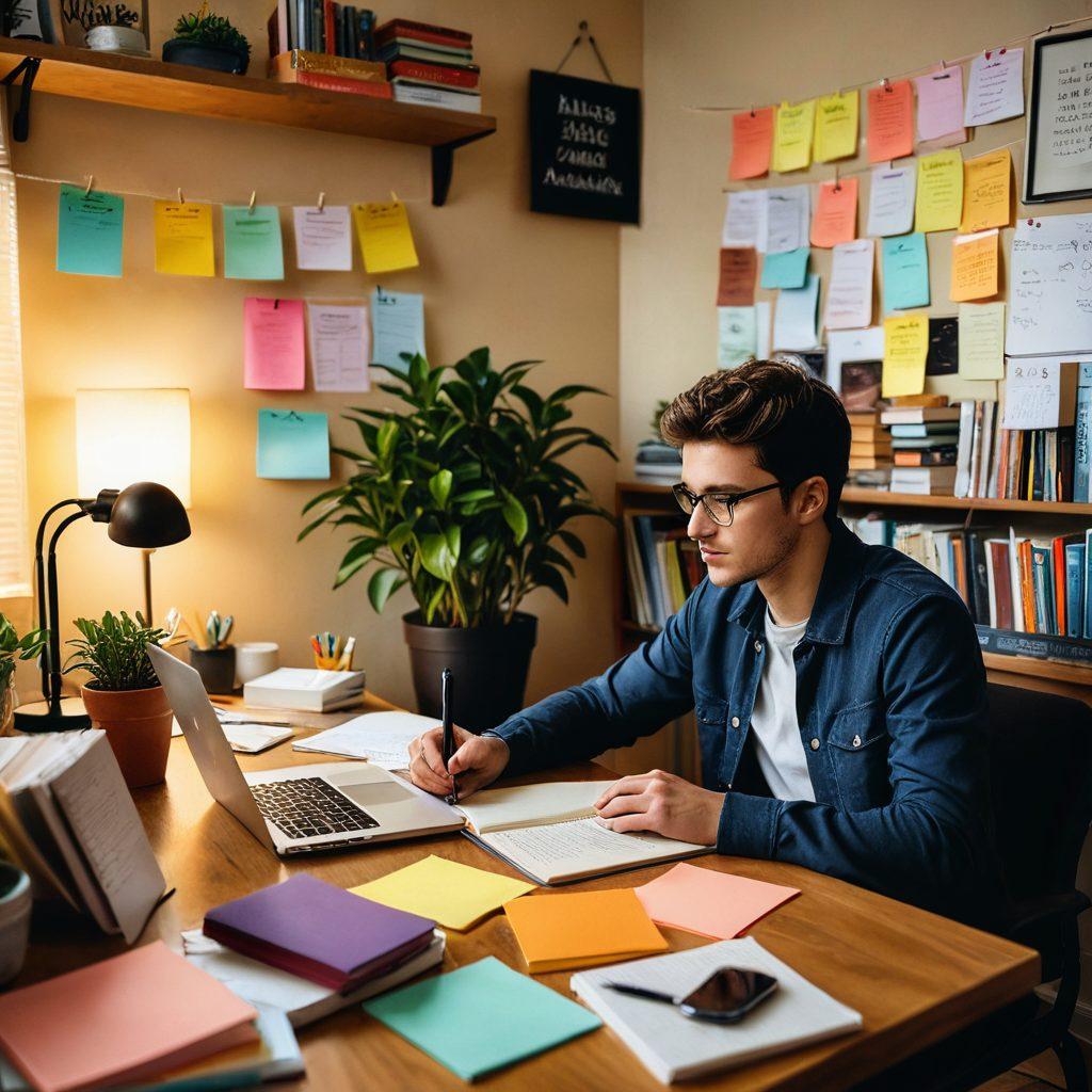 A university student immersed in a cozy study environment, surrounded by books, a laptop, and colorful sticky notes, illustrating a journey of learning and academic success. Include a warm light illuminating a motivational poster on the wall, and a cup of coffee on the desk. Elements like a globe and a plant enhance the space, symbolizing growth and exploration. vibrant colors. soft focus.