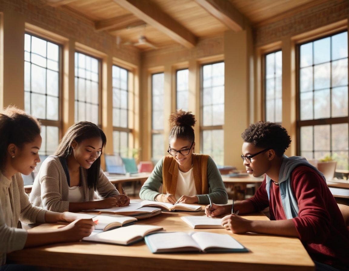 A diverse group of college students studying together in a cozy library setting, surrounded by stacks of books and modern technology, symbolizing collaboration and academic achievement. Include a motivational quote on a chalkboard in the background. Bright natural light streaming through large windows, evoking a warm, inviting atmosphere. super-realistic. vibrant colors. 3D.